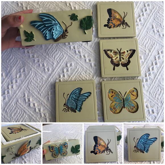 VTG 3D Butterfly Coaster Set w/ Holder 4‑Piece Resin Square New Open Box Cottage - Picture 1 of 16